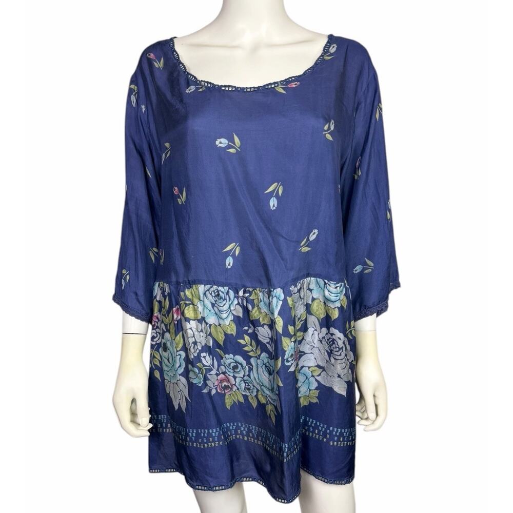 Johnny Was Women's 2X Blue/Purple Floral Silk Boho Lightweight Flowy Top GUC